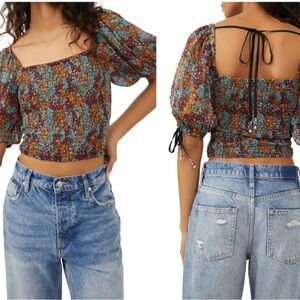 Free People Back On Top Crop Smocked Shirt Puff Sleeve Blouse Dark Combo
